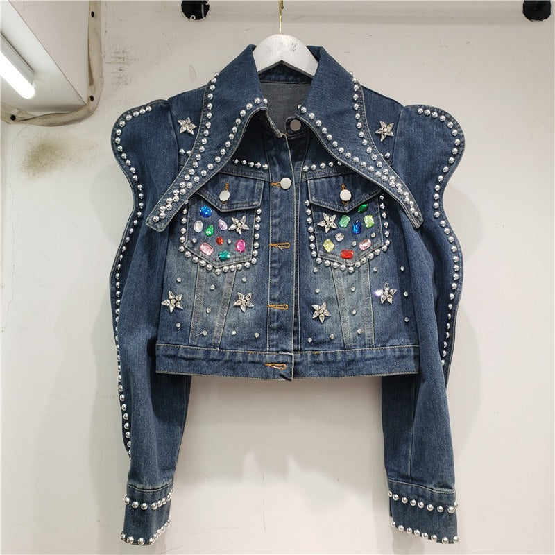 Giubbino in Jeans con ricamo di perline diamanti slim