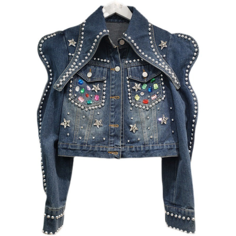 Giubbino in Jeans con ricamo di perline diamanti slim