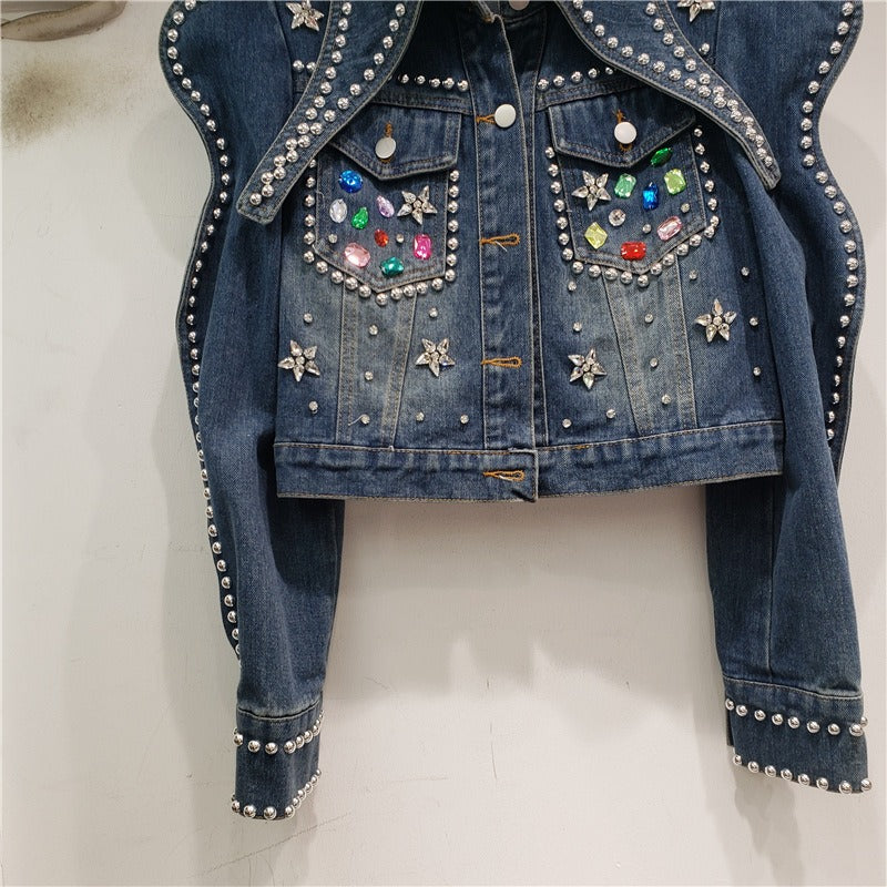 Giubbino in Jeans con ricamo di perline diamanti slim