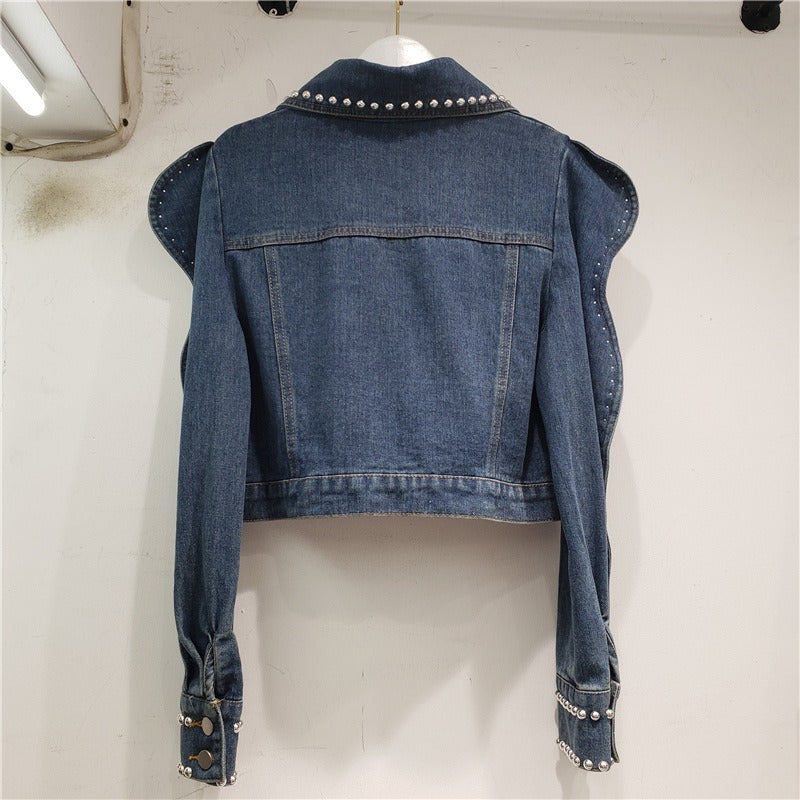 Giubbino in Jeans con ricamo di perline diamanti slim